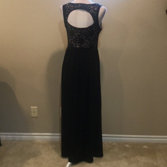 Candalete Floral Sequined Lace Over Tan Bodice Evening Maxi Dress w/Front Slit-M - Picture 5 of 11